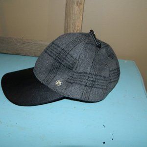 Vince Camuto Womens Wool Blend Plaid Gray Tweed/Back Faux Leather Baseball Cap